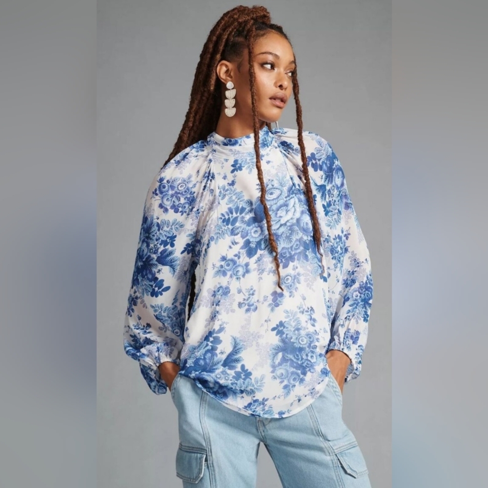 Maeve Blue and White Floral High-Neck Tunic
